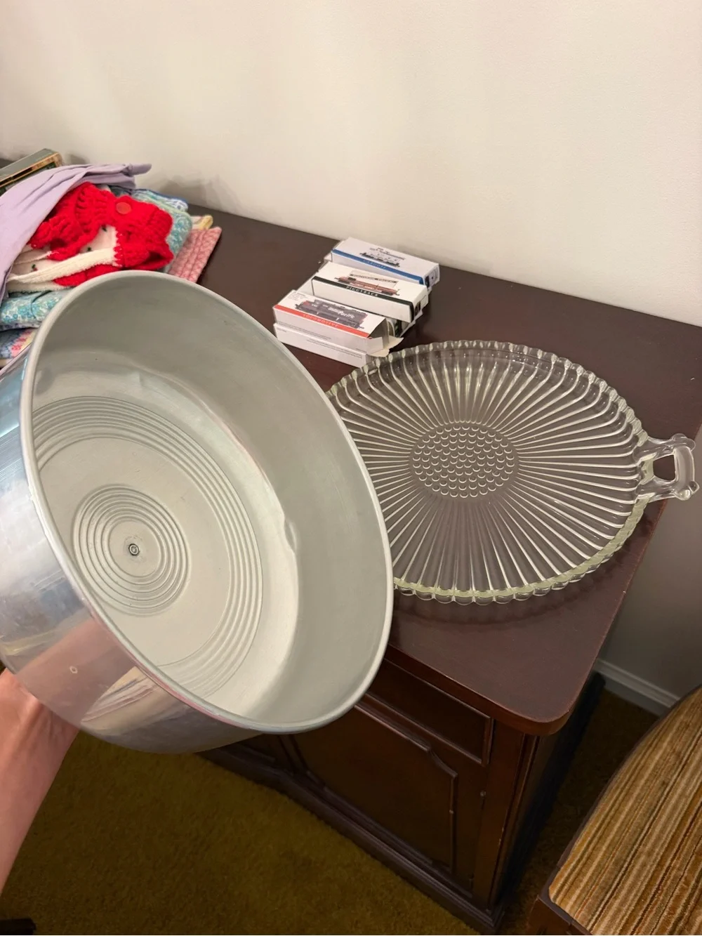 Glass Serving Platter with Domed Aluminum Lid - Clear and Silver